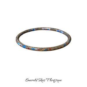 VTG Cloisonne Bangle Bracelet  Enamel Floral brown blue red free ship